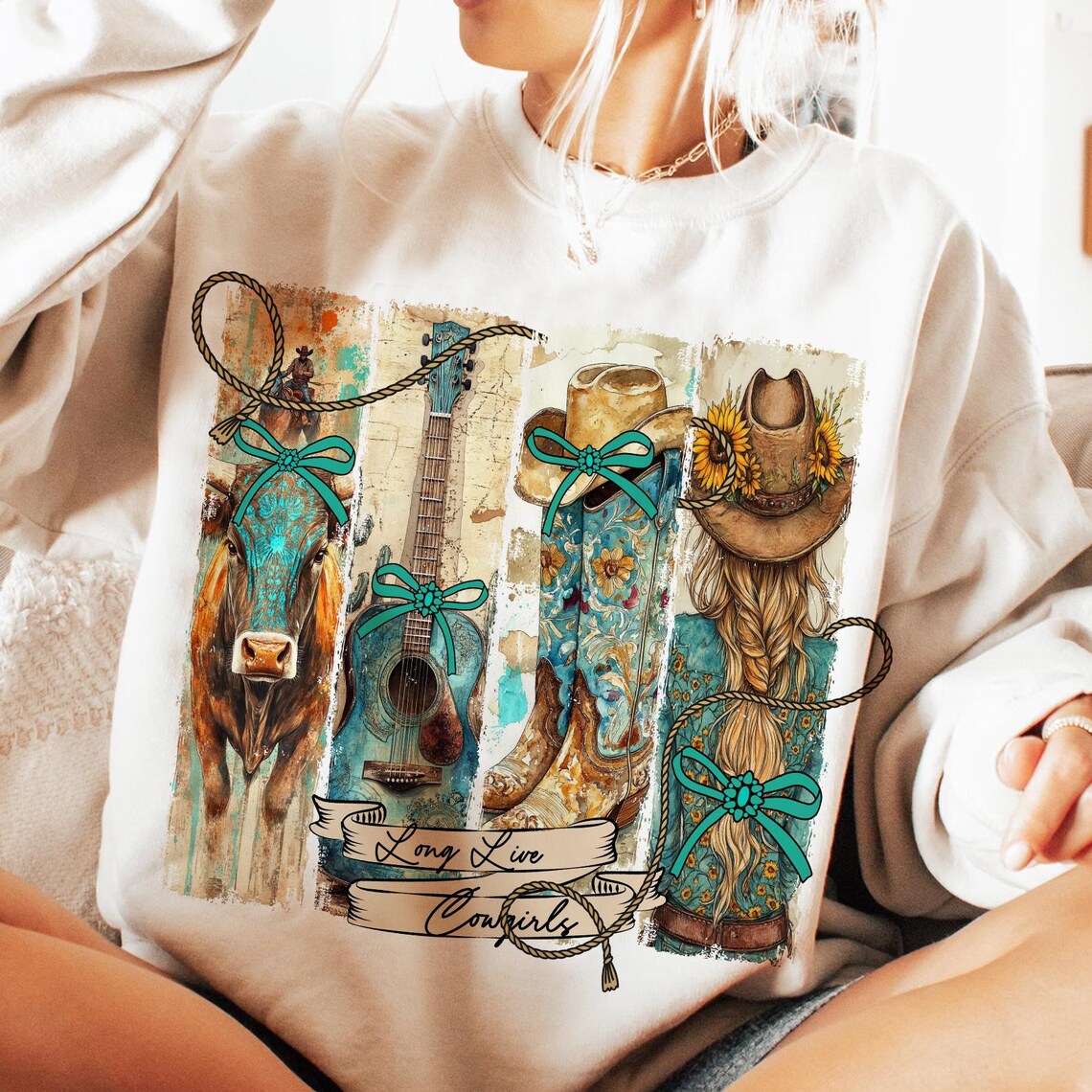 DTF Transfer Long Live Cowgirls โ Western Boho Graphic with Boots, Guitar & Hat