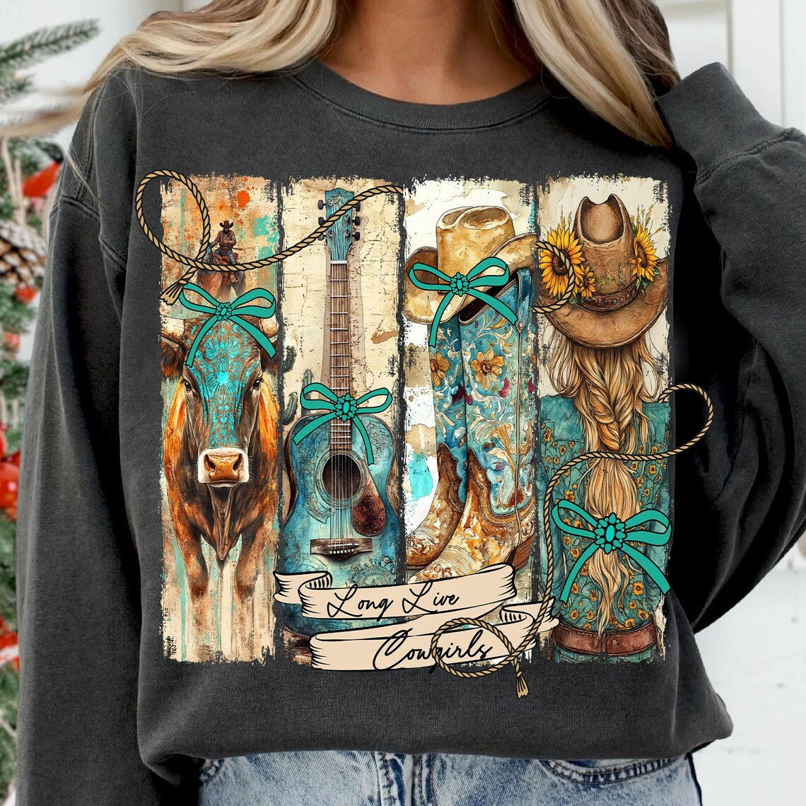 DTF Transfer Long Live Cowgirls โ Western Boho Graphic with Boots, Guitar & Hat