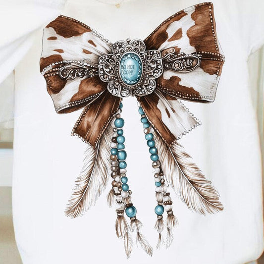 DTF Transfer Western Cowhide Bow with Turquoise & Feathers