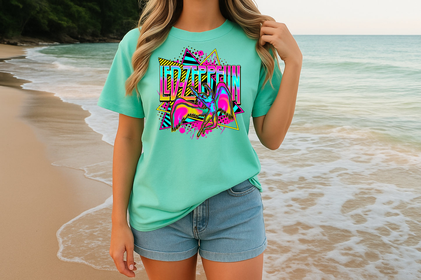 T-Shirt Crewneck Hoody Led Zep Neon Retro Angel – Classic Rock Graphic