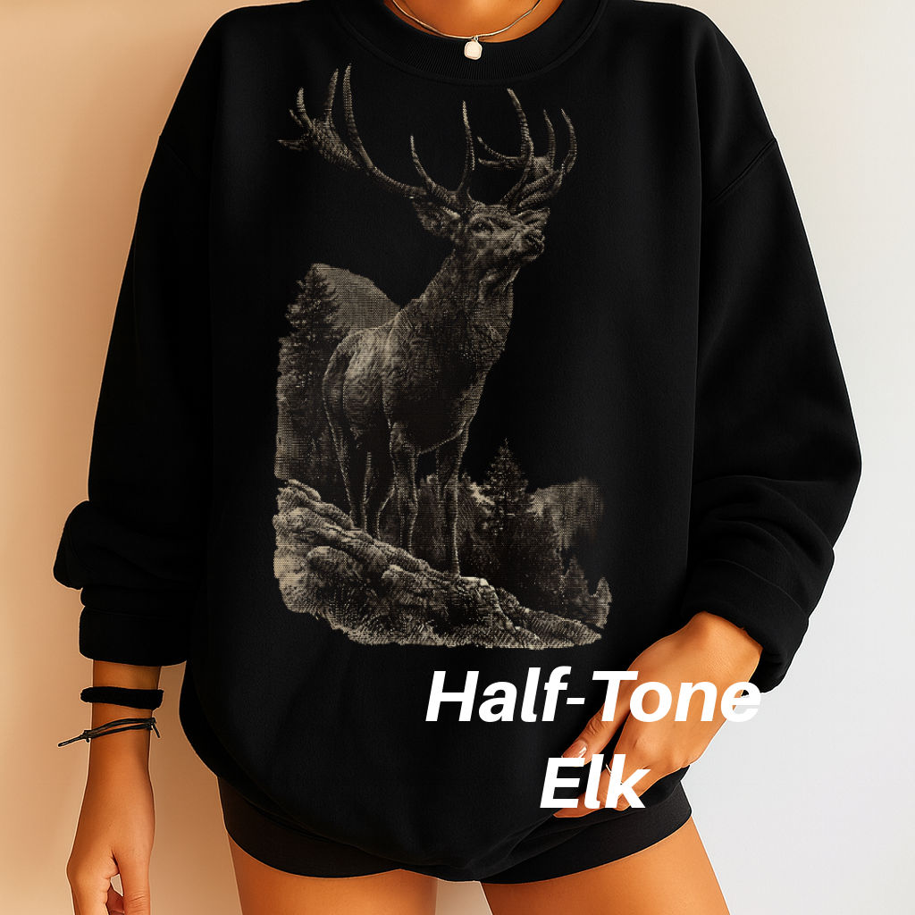 DTF Transfer Halftone Elk Wildlife Grey Tone Mountain Forest