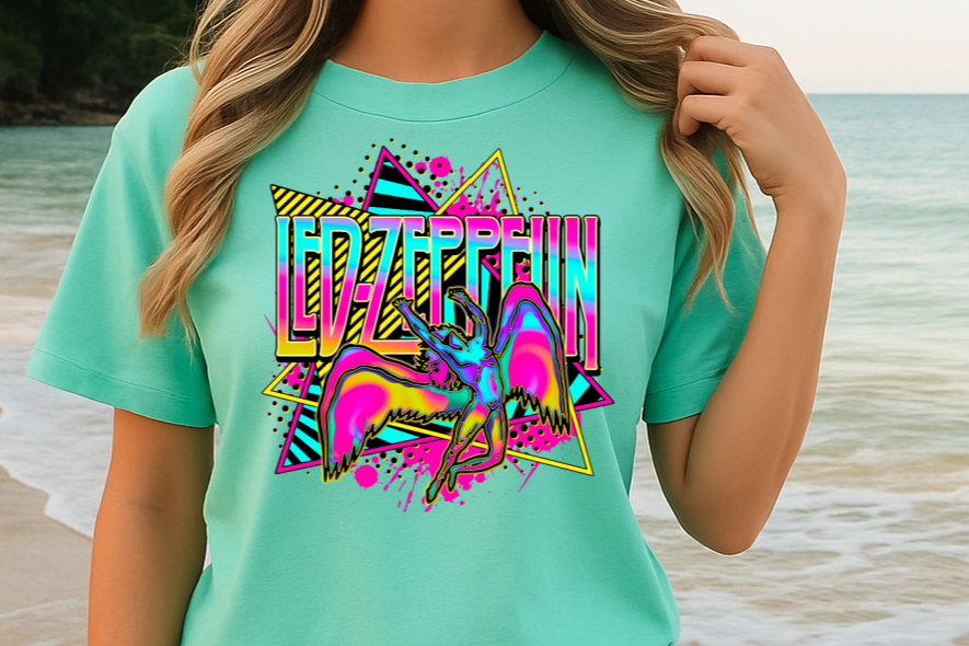 T-Shirt Crewneck Hoody Led Zep Neon Retro Angel – Classic Rock Graphic