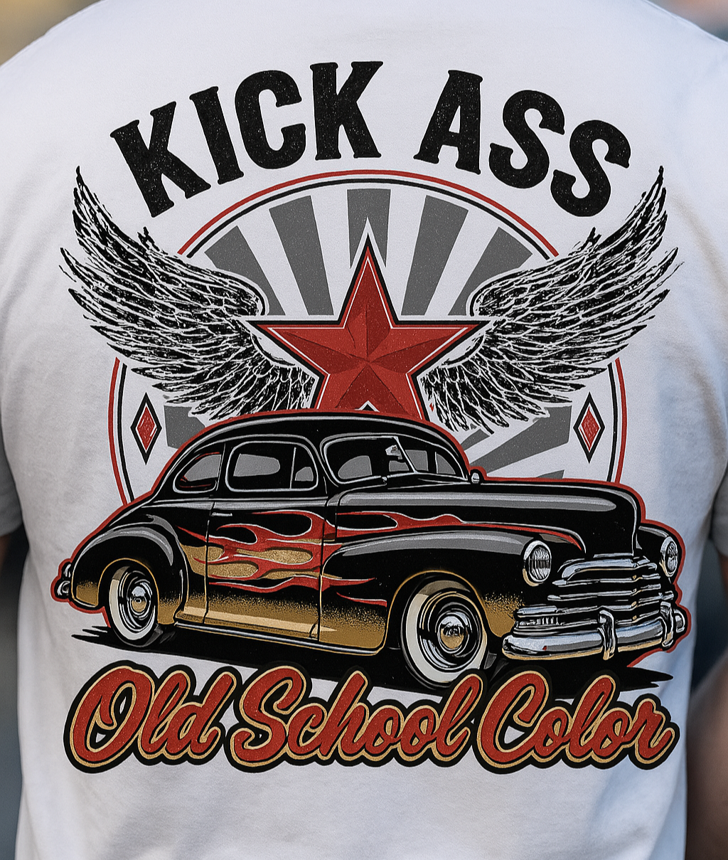 T-Shirt Sweatshirt Crewneck Kick Ass Old School Car with Wings – Retro Flame Ride Design