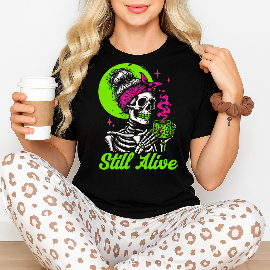 DTF Transfer Still Alive – Neon Skeleton Coffee Lover Design
