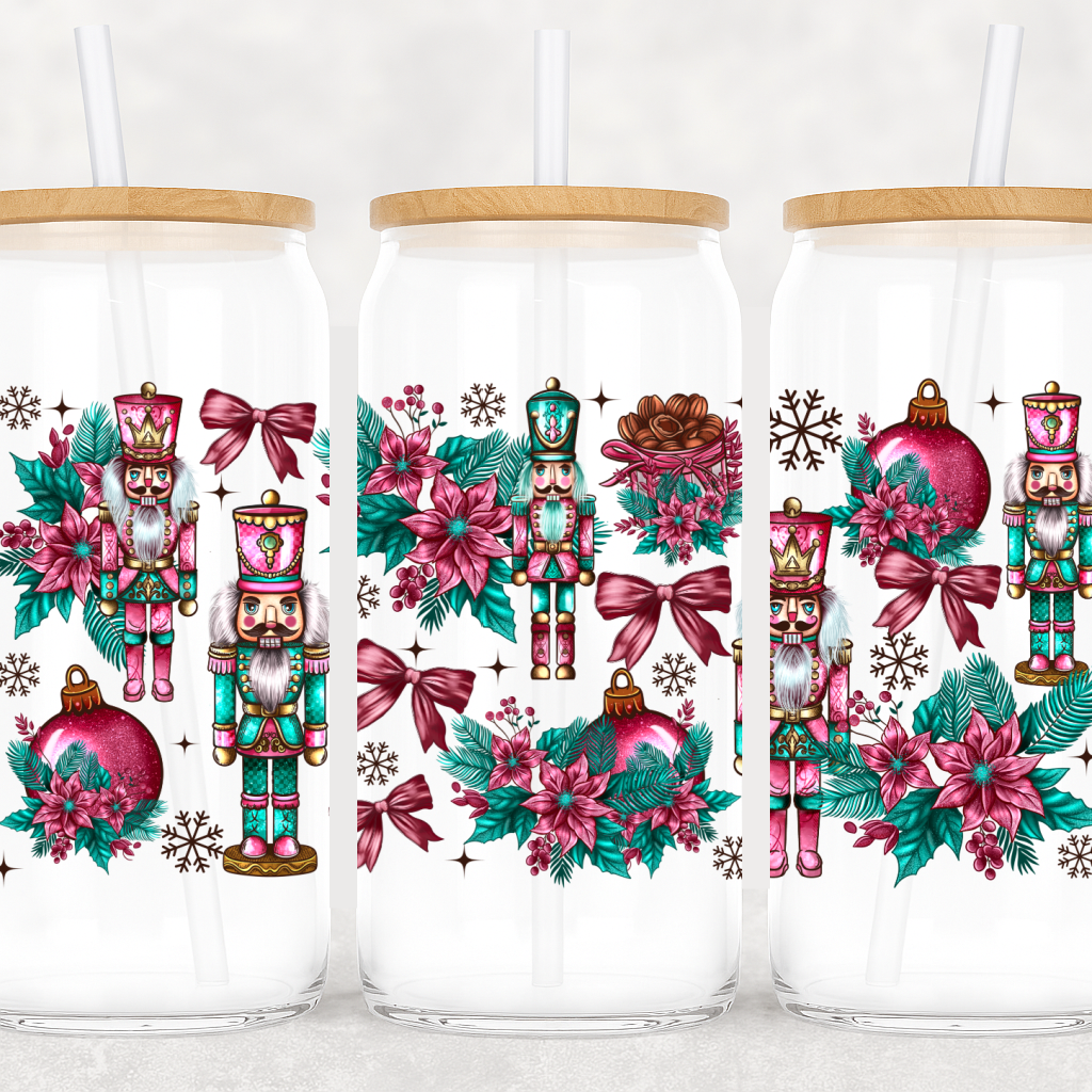 UV-DTF Nutcracker Christmas Cup Wrap – Pink & Teal Holiday Bows and Ornaments