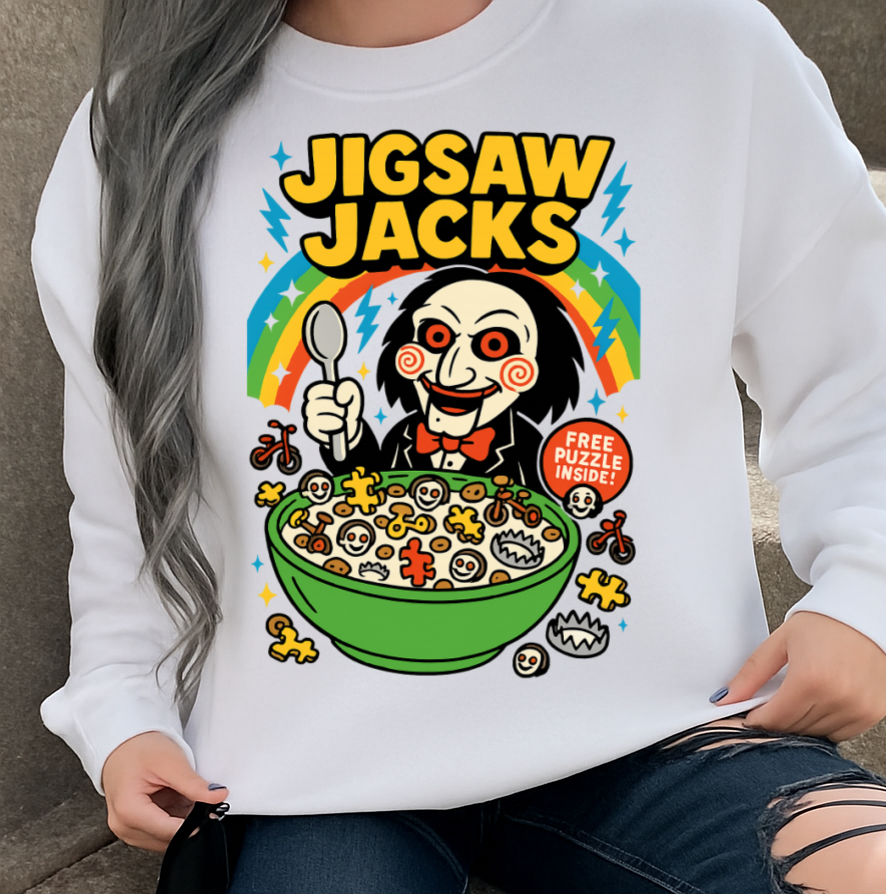 Person wearing a white sweatshirt with 'Jigsaw Jacks' graphic design, sitting on steps.