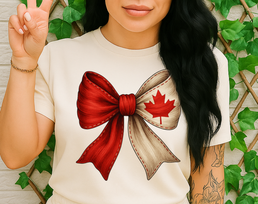 DTF Transfer Canada Bow – Red & White Maple Leaf Ribbon #2