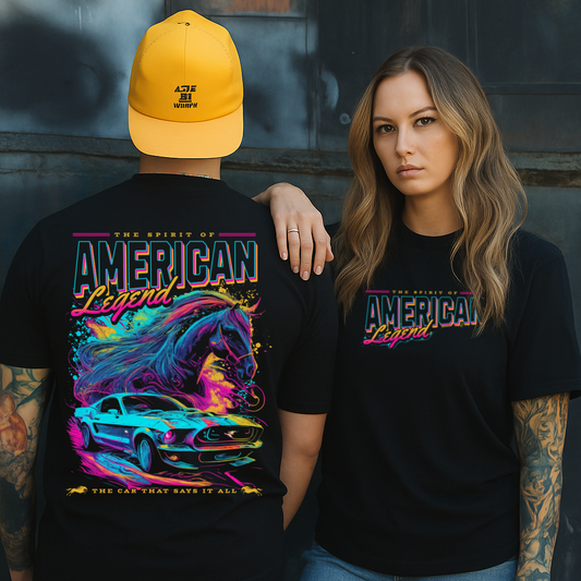 T-Shirt Hoody American Legend – Neon Mustang, Wild Horse & Retro Muscle Car