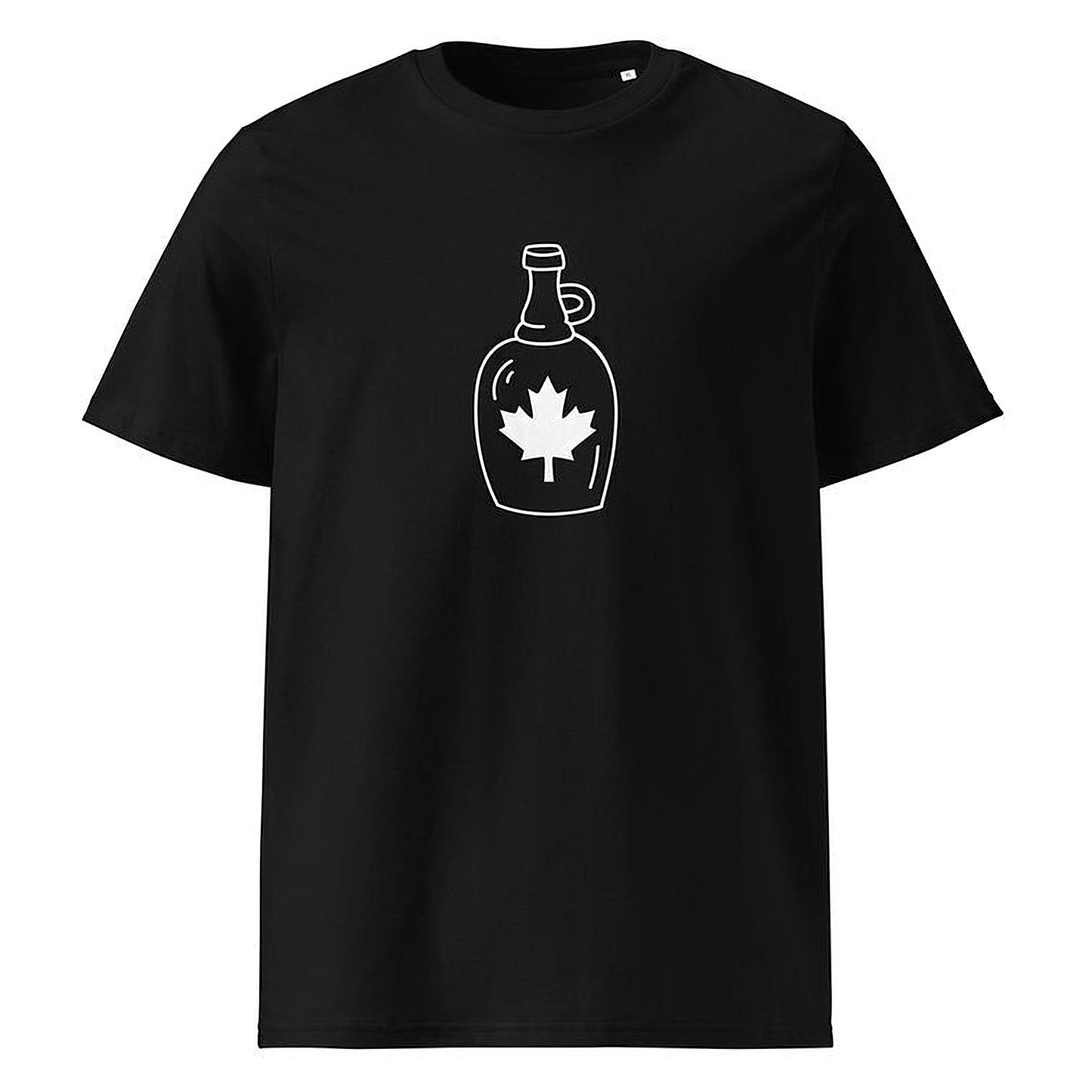 A black t-shirt with a white maple leaf graphic printed on it.