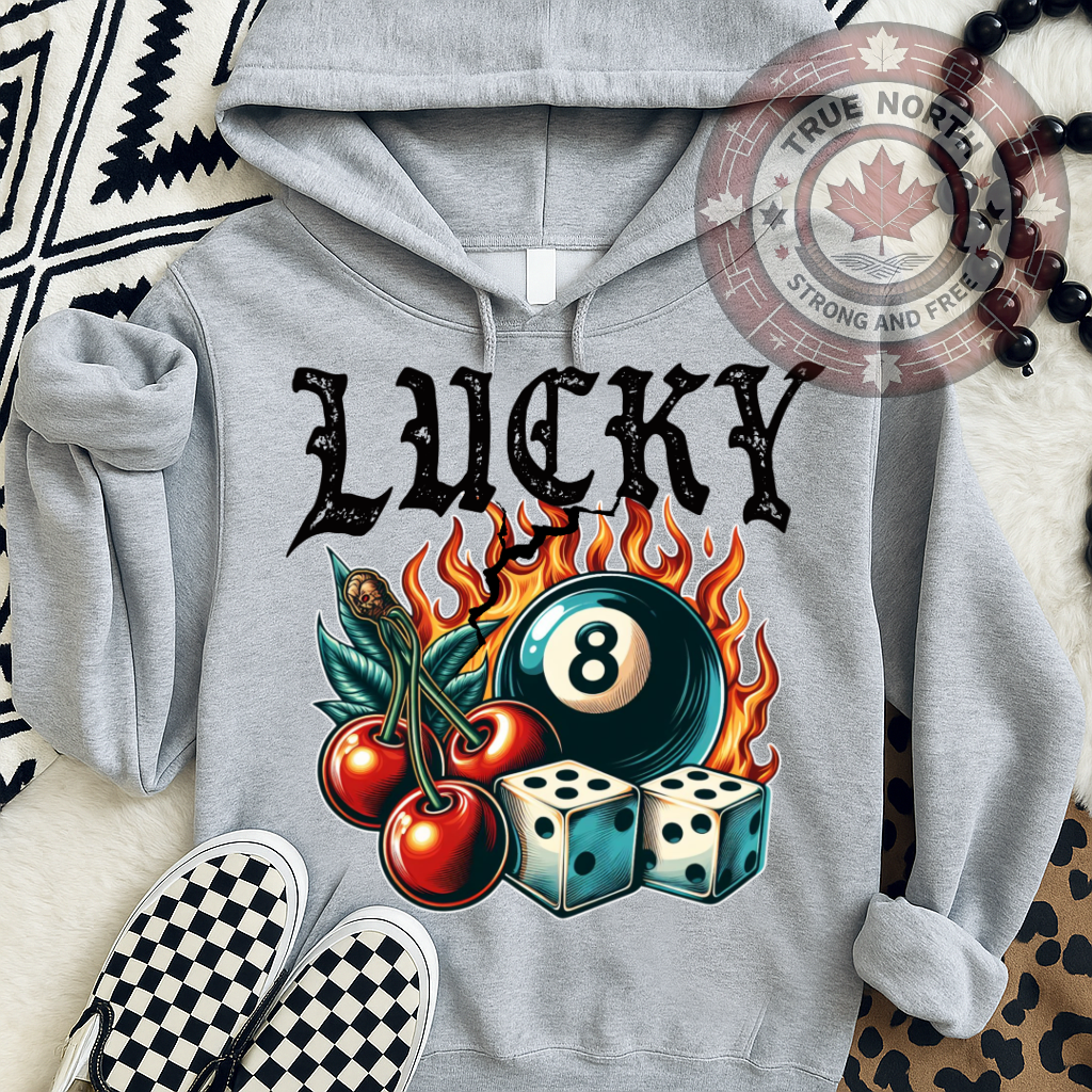 DTF Transfer Lucky 8 Ball with Flames, Cherries & Dice – Vintage Tattoo Style Design
