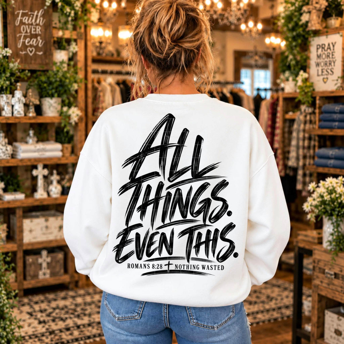 All Things Even This Romans 8:28 Nothing Wasted black DTF design on a white sweatshirt