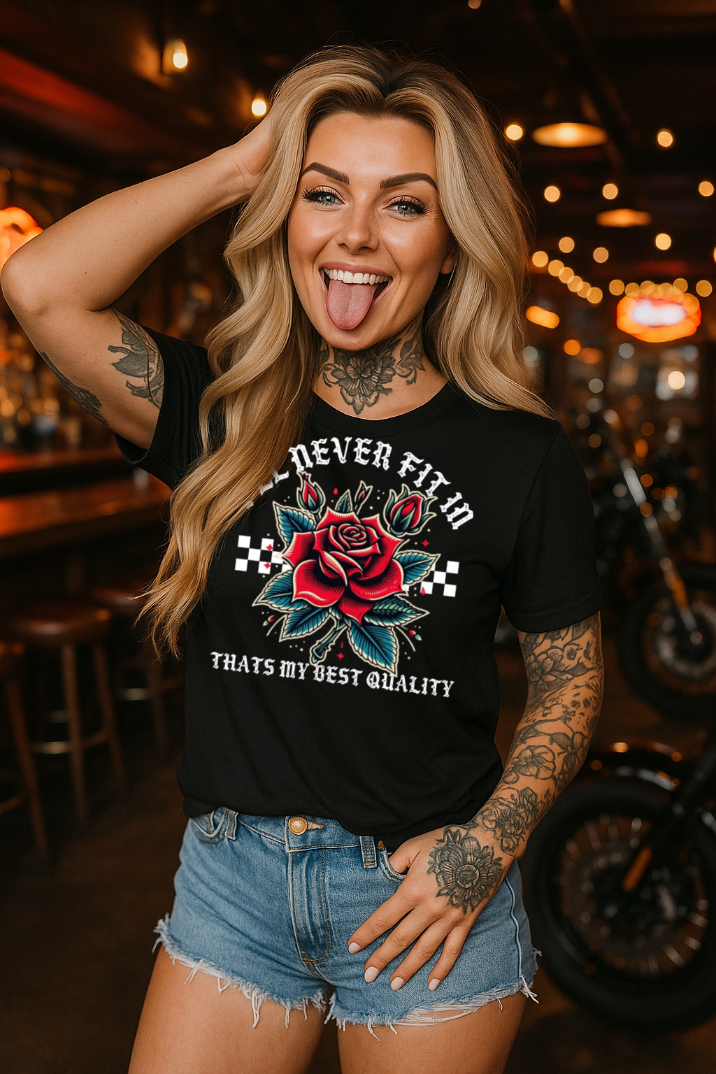 T-Shirt Or Hoodie I’ll Never Fit In – Rose & Checkered Flag Tattoo-Style Crop Tee Design