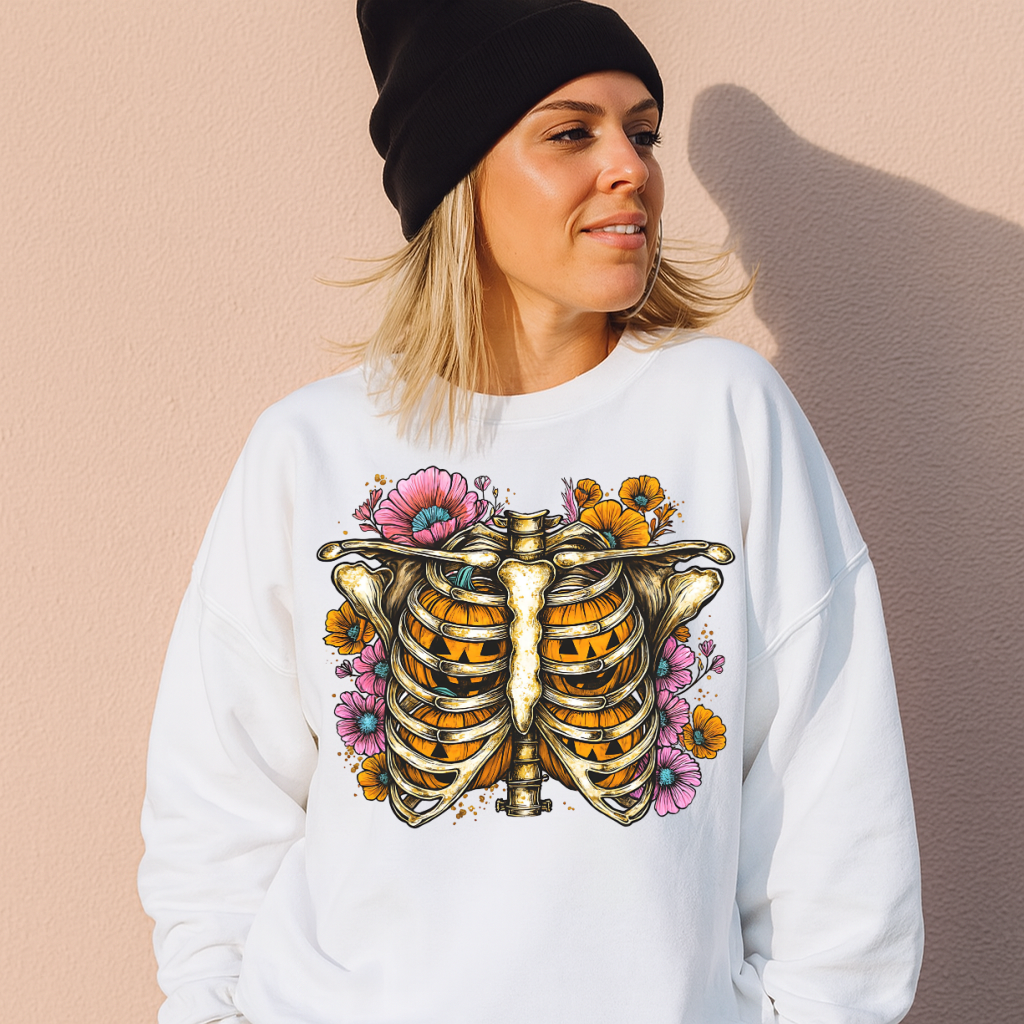 DTF Transfer Pumpkin Ribcage with Flowers – Halloween Fall Skeleton