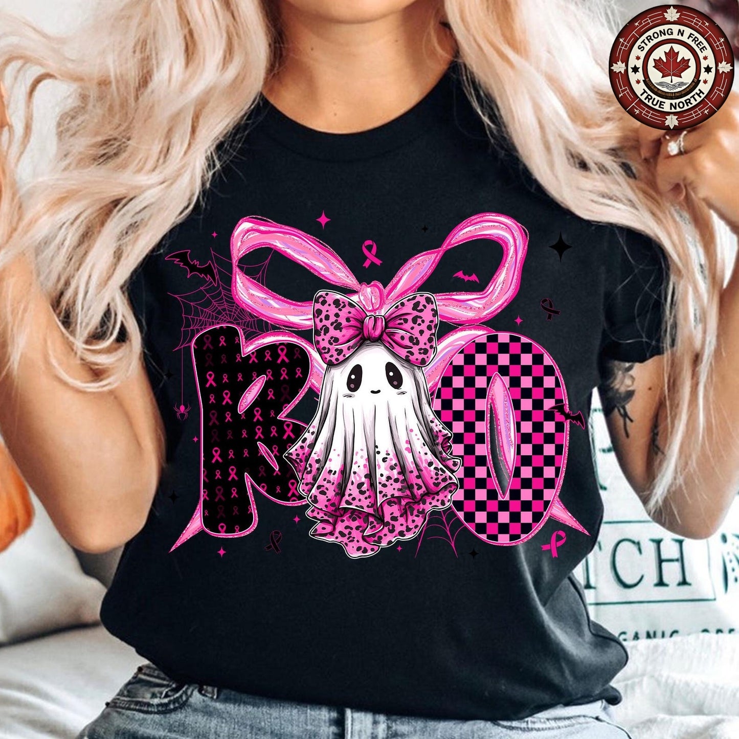 Breast Cancer Boo Ghost Coquette Bow ready-to-press DTF transfer photo 6