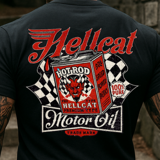 Person wearing a black t-shirt with 'Hellcat Motor Oil' graphic design outdoors.