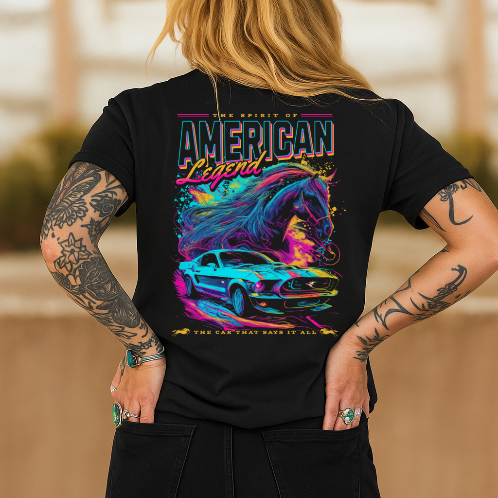 DTF Transfer American Legend Mustang Horse – Neon Retro Muscle Car Print