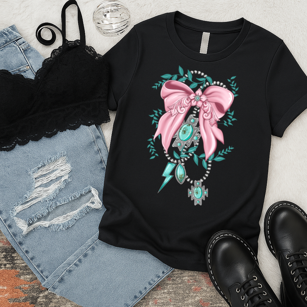 DTF Transfer Western Turquoise Bow – Cowgirl Charm with Pink Ribbon & Lightning Bolt