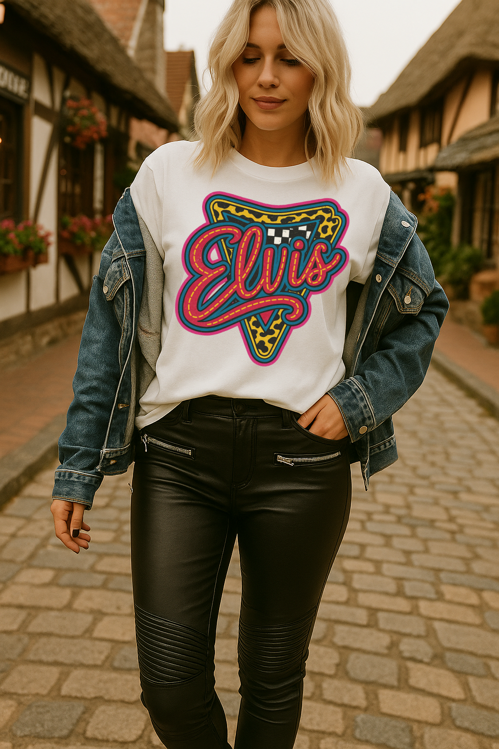 T-Shirt Hoodie Crewneck Elvis Neon Sign – Retro Checkerboard & Leopard Rockabilly Design