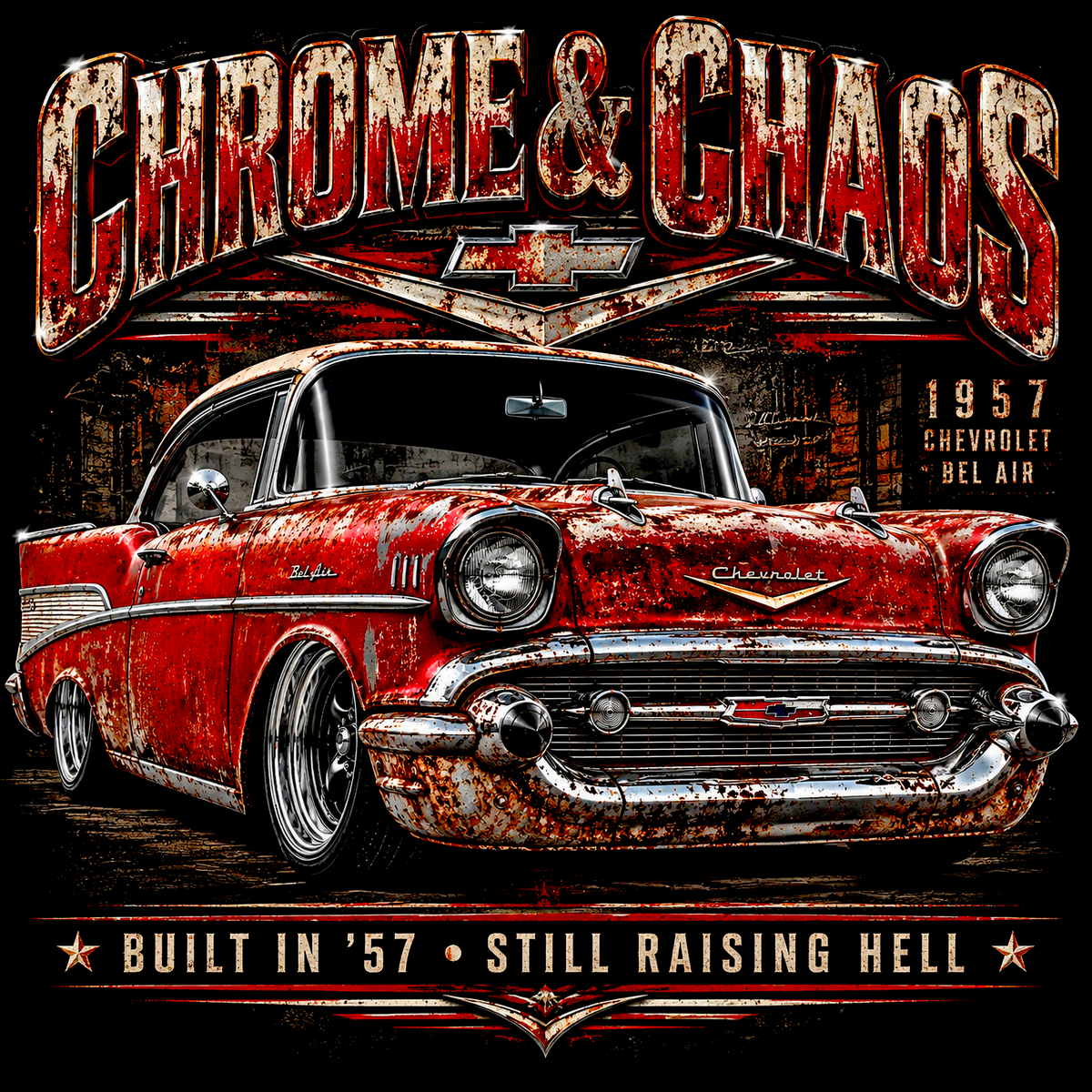 Printed Halftone - Chrome & Chaos 1957 Chevrolet Bel Air - On Darks Only