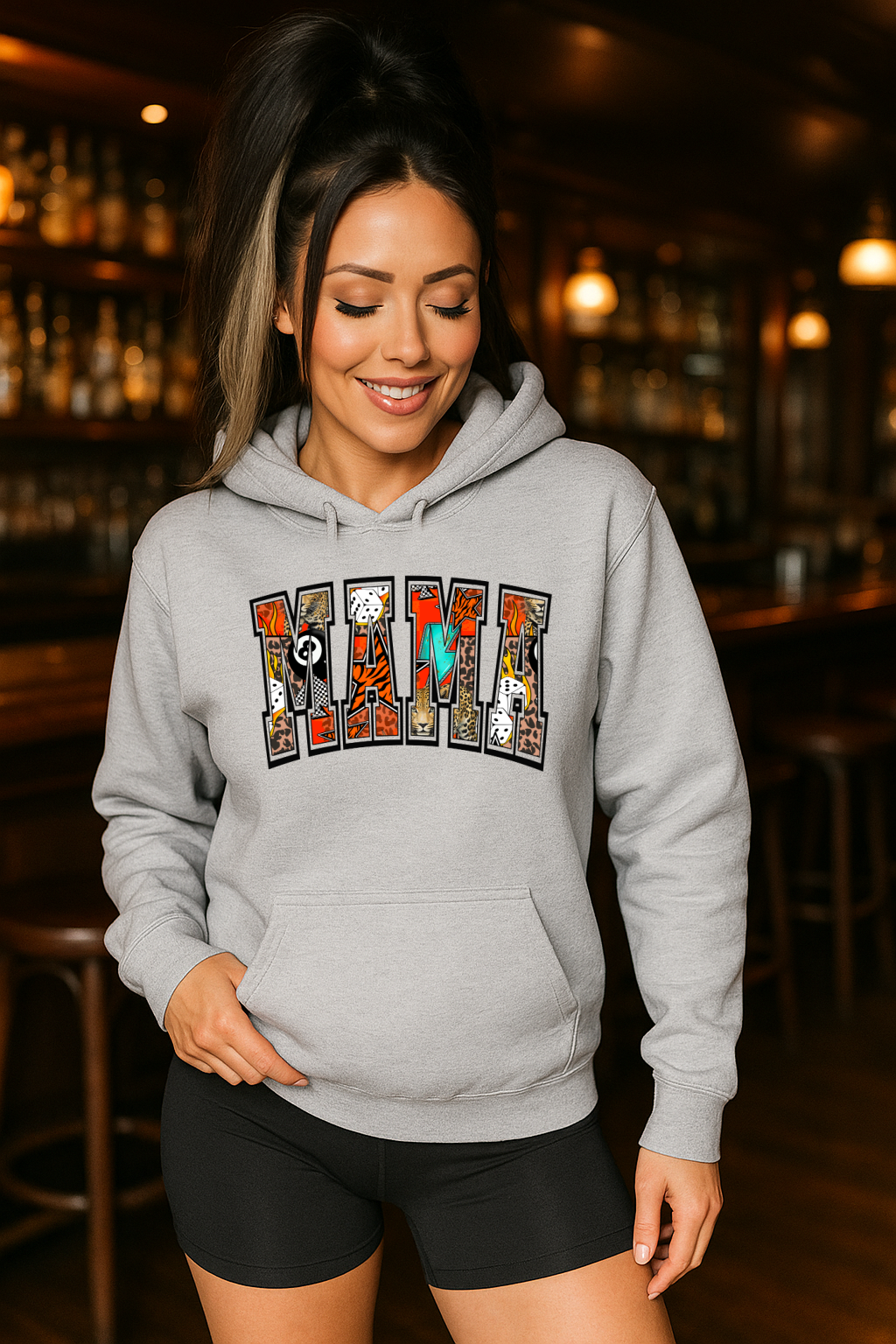T-Shirt Or Crewneck Hoodie – Bold Patchwork MAMA Design with Animal Print Accents