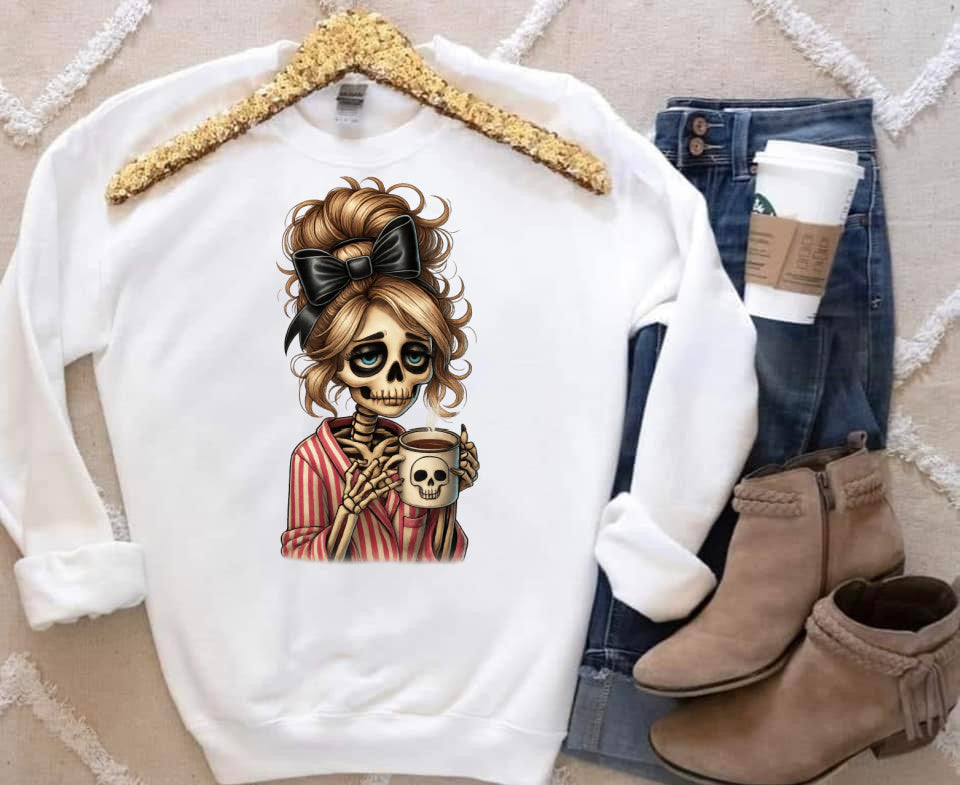 T-Shirt Crewneck Hoody – Dead Inside But Caffeinated (Skeleton Girl with Coffee)