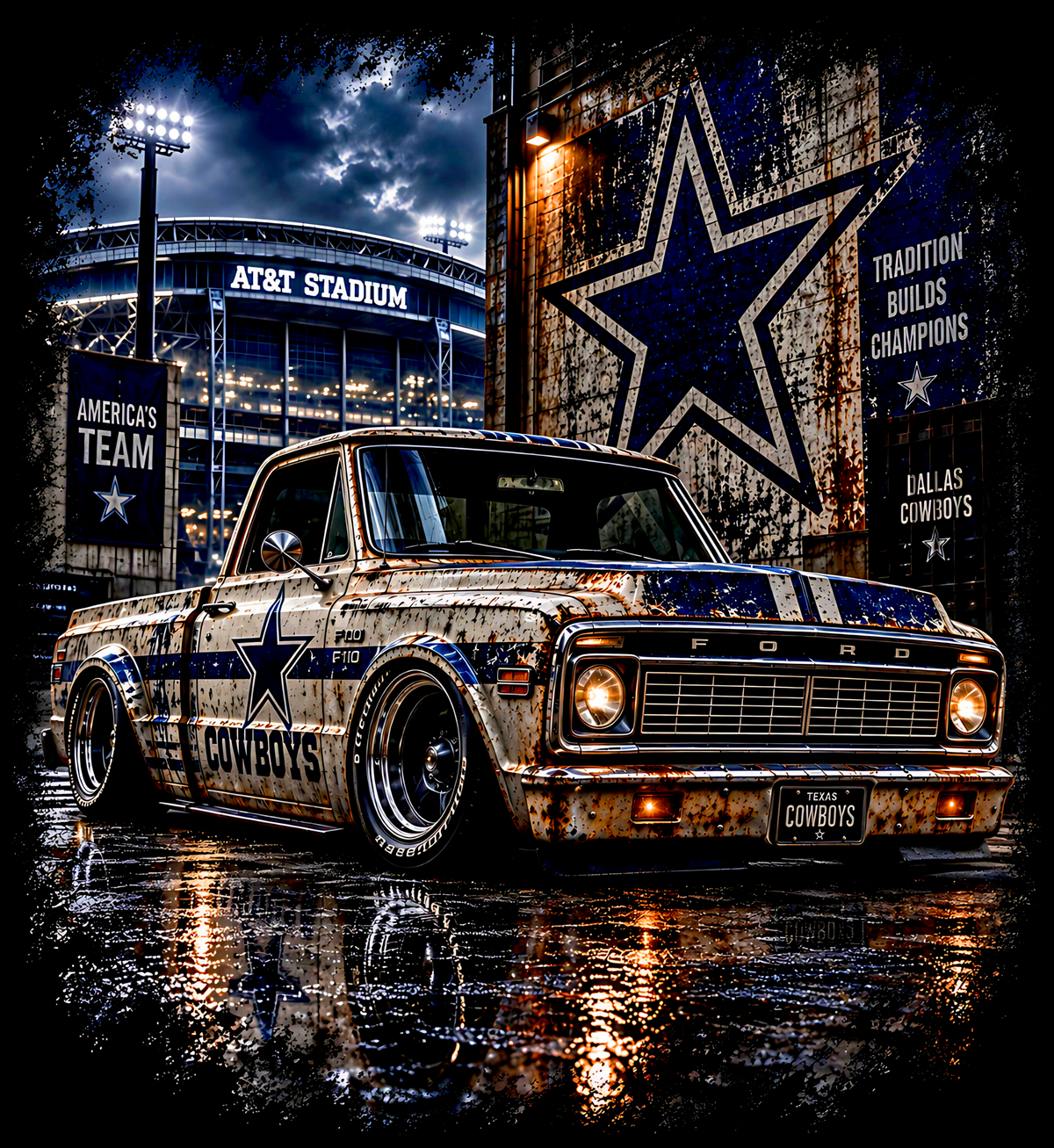 Printed Halftone - Dallas Cowboys Ford F100 Pickup Truck - On Darks Only