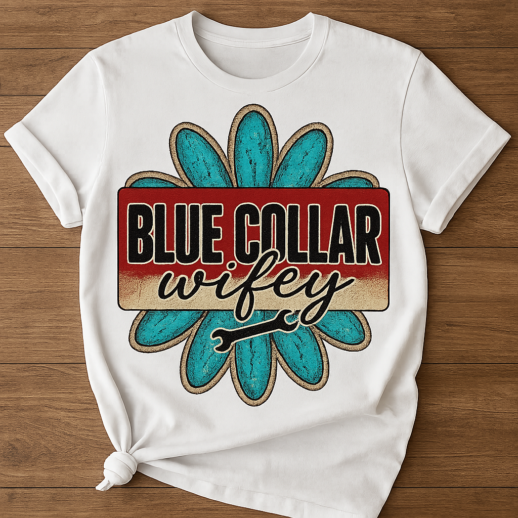T-Shirt Or Crewneck Hoodie – Blue Collar Wifey with Rustic Flower and Wrench Graphic