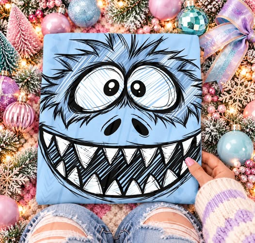Fuzzy monster face with wide eyes and a jagged grin, shown on a light blue garment with Christmas decorations