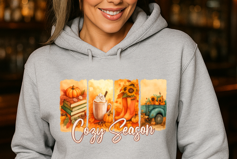 T-Shirt Crewneck Hoody – Cozy Season Fall Aesthetic with Pumpkins, Coffee & Sunflowers