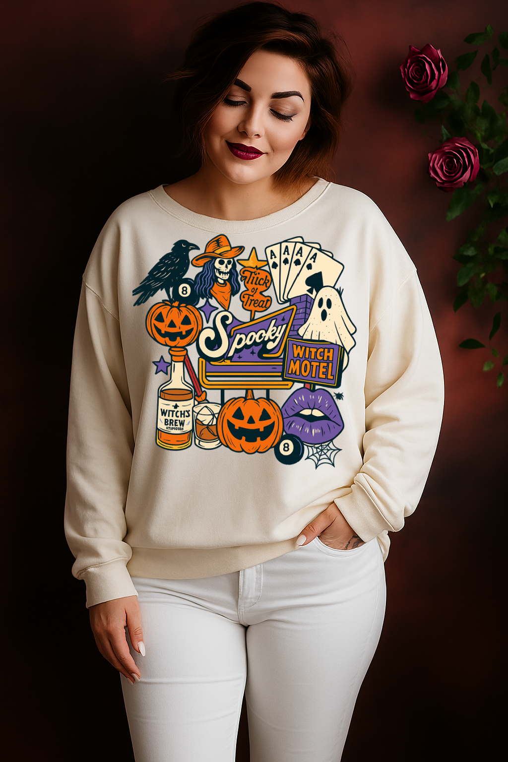 DTF Transfer – Spooky Halloween Motel Design with Pumpkins, Ghost, Witch Brew & Skeleton