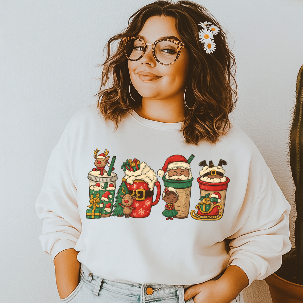 DTF Transfer Christmas Holiday Drinks with Santa, Reindeer, and Festive Cups