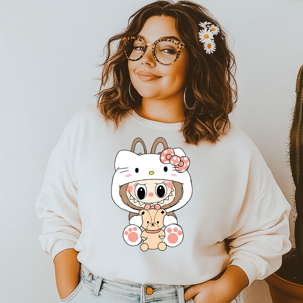 DTF Transfer Kawaiii Girl in Hello Kittty Onesie – Cute Anime Style with Teddy Bear