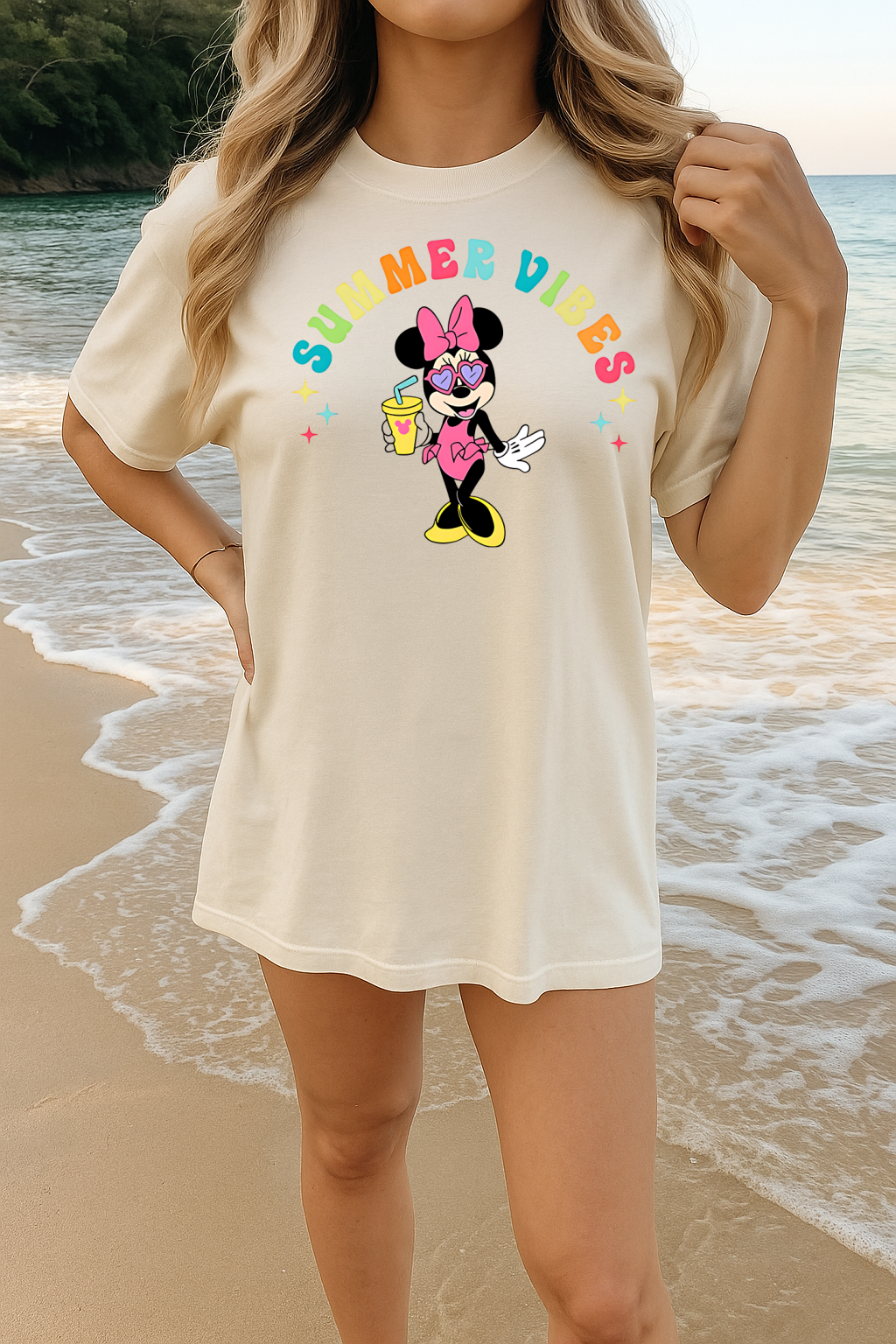 T-Shirt Crewneck Hoody – Summer Vibes Cartoon Girl with Drink & Sunglasses