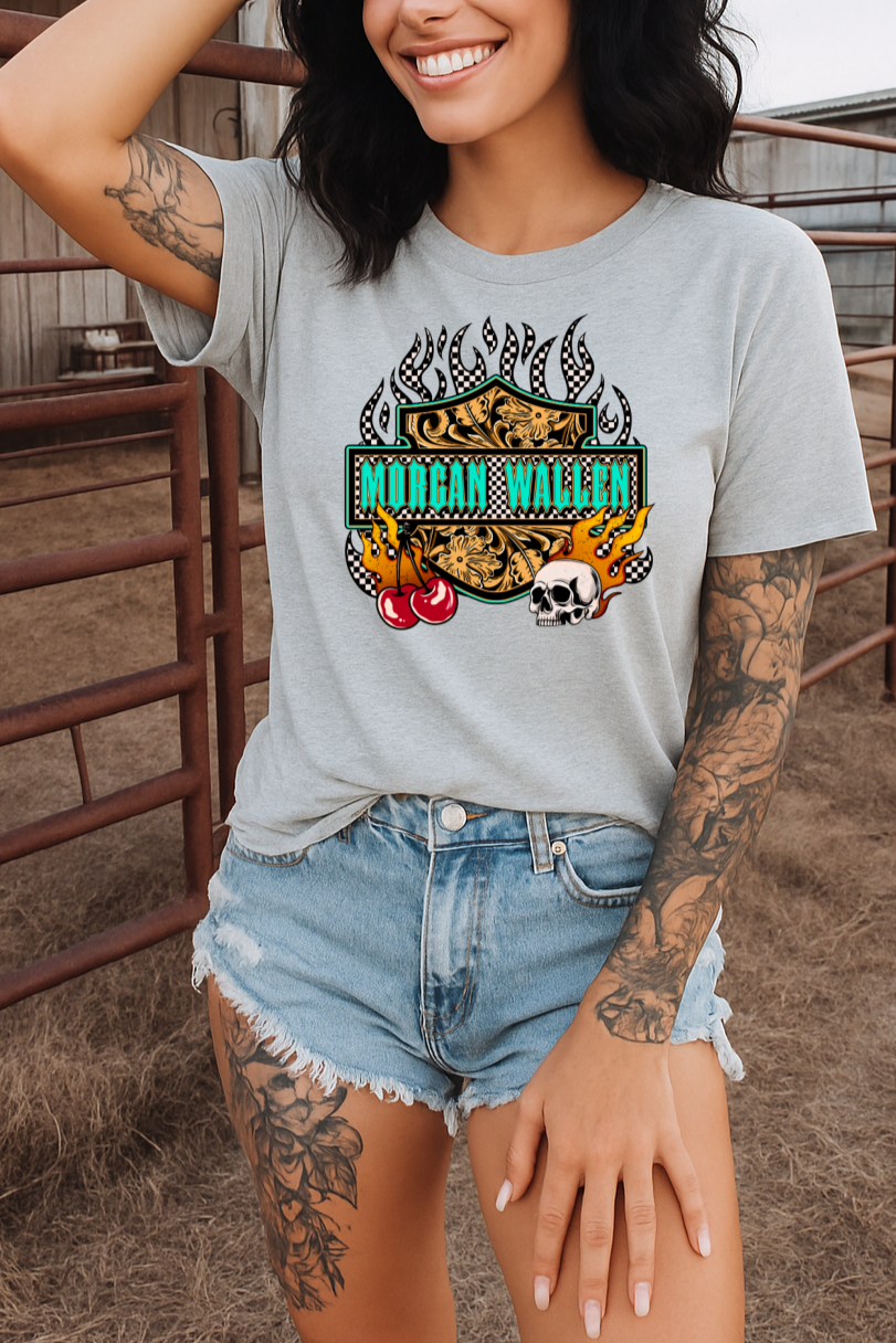 T-Shirt Crewneck Hoody Morgan W Western Skull Flames – Country Rock Graphic