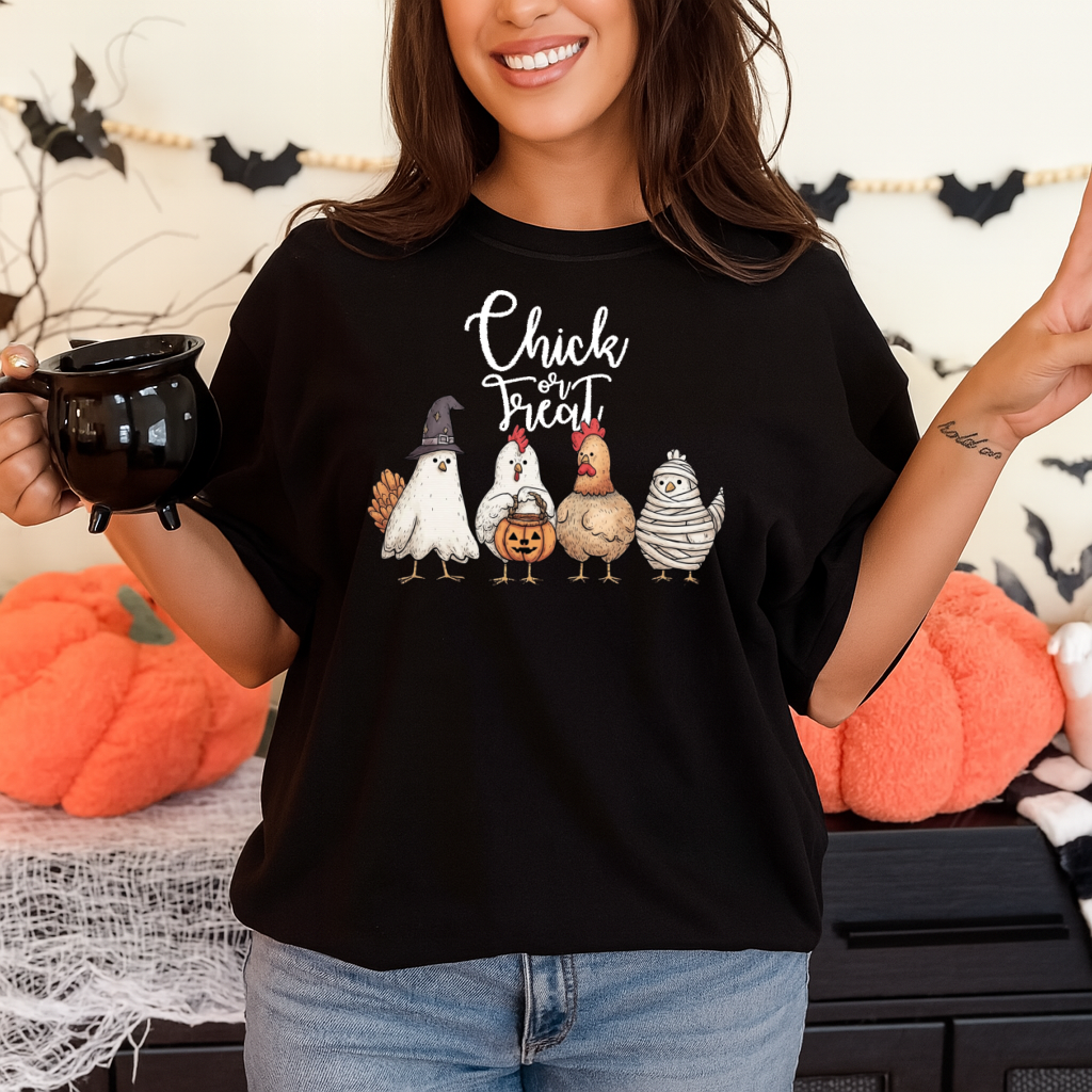 DTF Transfer Halloween – Chick or Treat Funny Chicken Costume Design