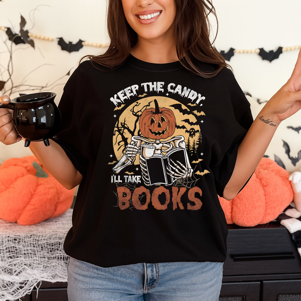 DTF Transfer Keep the Candy I’ll Take Books – Halloween Pumpkin Skeleton