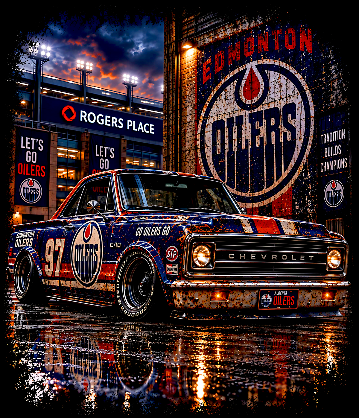 Printed Halftone - Edmonton Oilers Chevrolet C10 Pickup Truck - On Darks Only