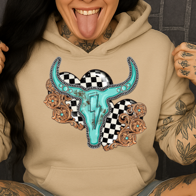 DTF Transfer Turquoise Steer Skull – Western Lightning Bolt & Checkerboard Design