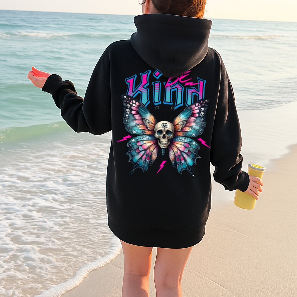 T-Shirt Or Hoodie Be Kind – Gothic Butterfly with Skull & Lightning Hoodie Design