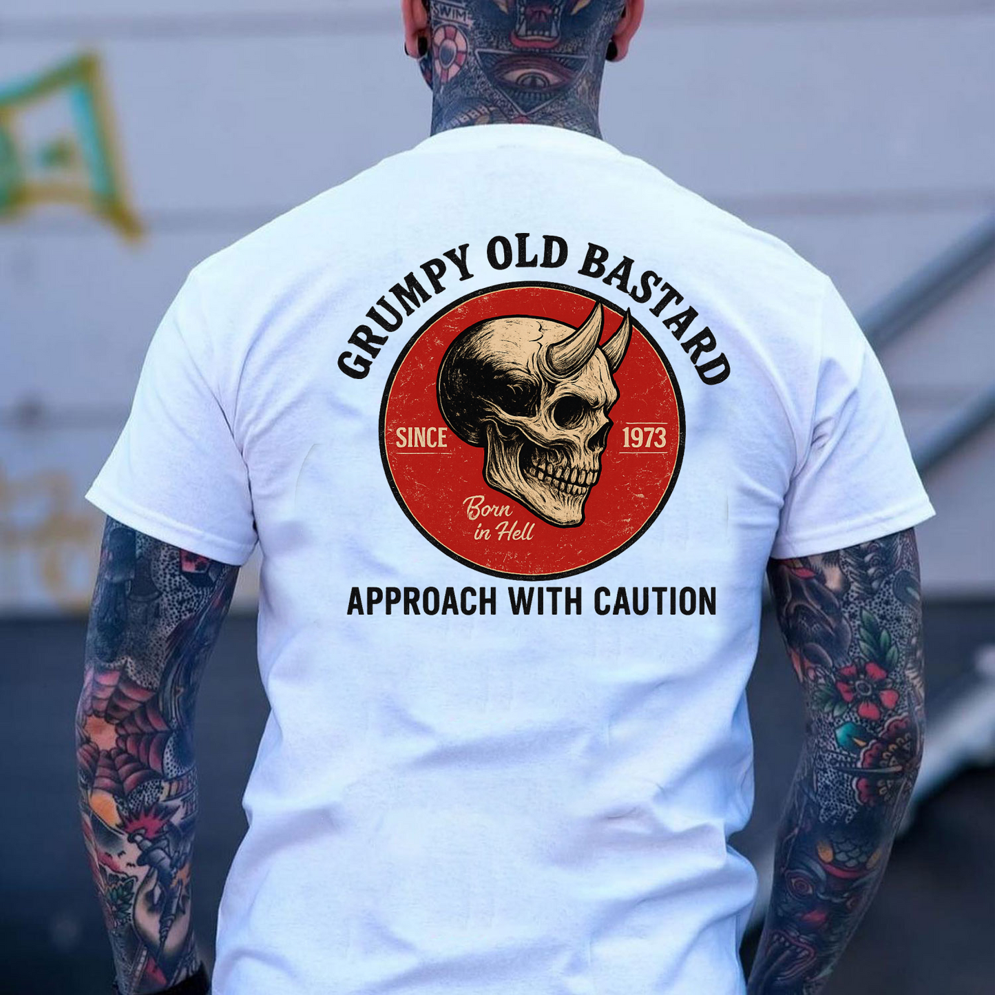 T-Shirt Sweatshirt Crewneck Grumpy Old Bastard – Vintage Skull Horned Back Print “Approach With Caution” Design