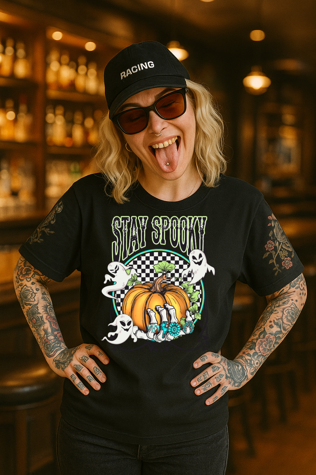 T-Shirt Crewneck Hoody – Stay Spooky Halloween Design with Pumpkin, Skeleton Hands