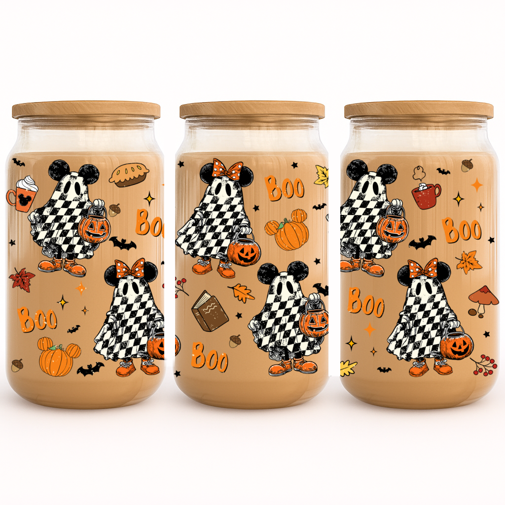 UV-DTF Cup Wrap Stickers | Halloween Ghost Mickeyy & Minniee with Pumpkins | Spooky Cute Fall Cup Decor