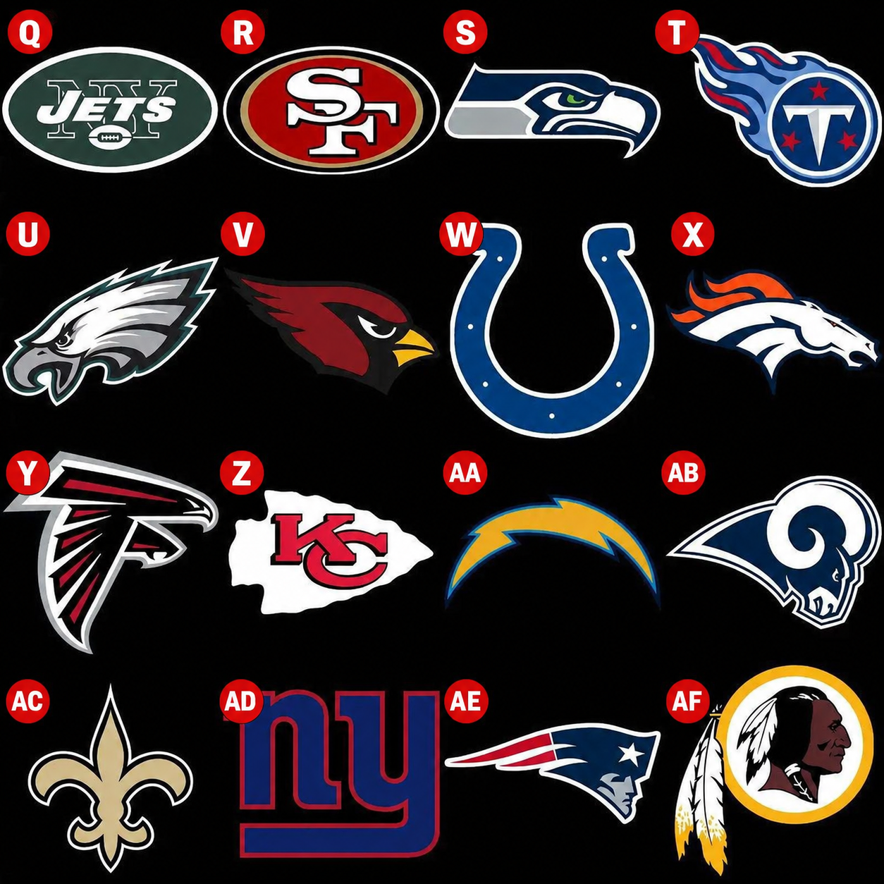 Football team logo DTF transfer designs lettered Q through AF