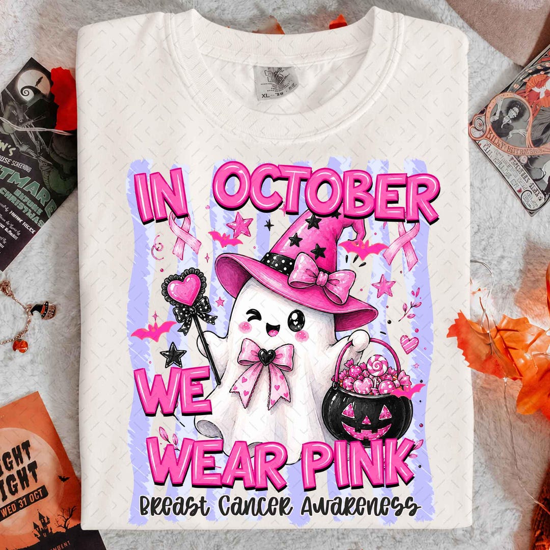 DTF Transfer – In October We Wear Pink Pink Halloween Ghost Breast Cancer Awareness Clipart Witch Ghost Shirt DTF Graphic