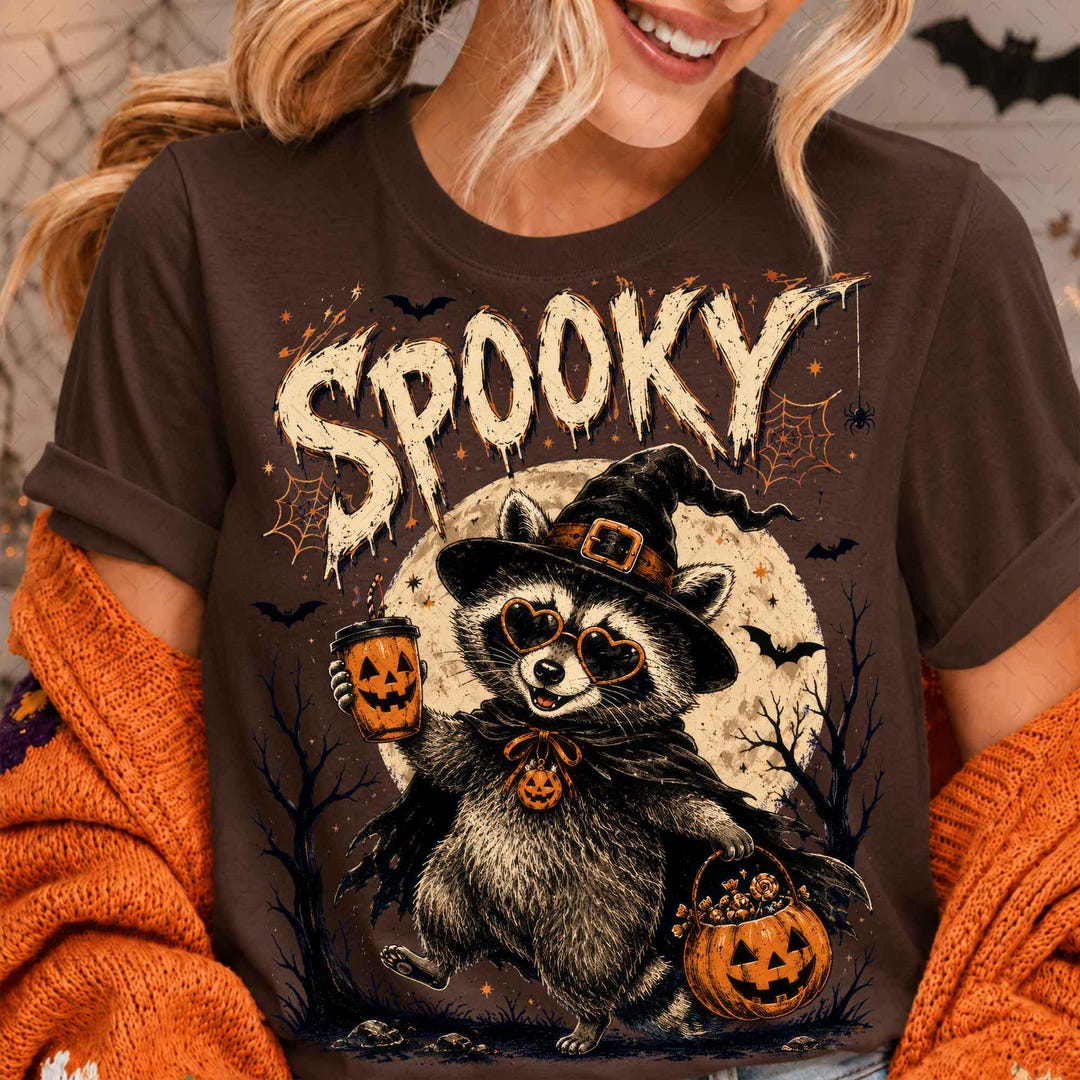 DTF Transfer – Retro Halloween Raccoon – Here for the Boos Racoon