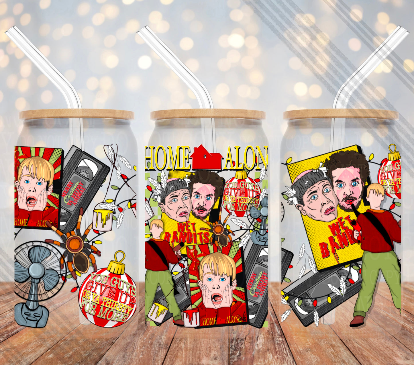 UV DTF Cup Wrap – Home Alonee | Wet Bandits Christmas Movie Glass Cup Decal