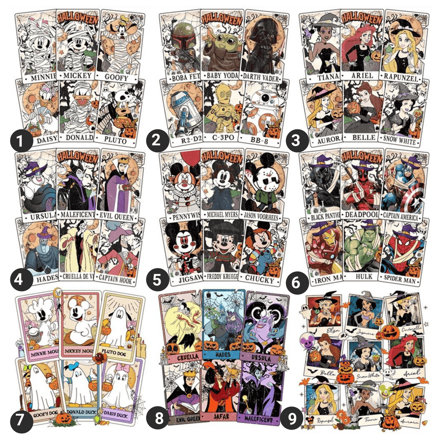 Collection of Halloween-themed trading cards featuring various characters and designs.