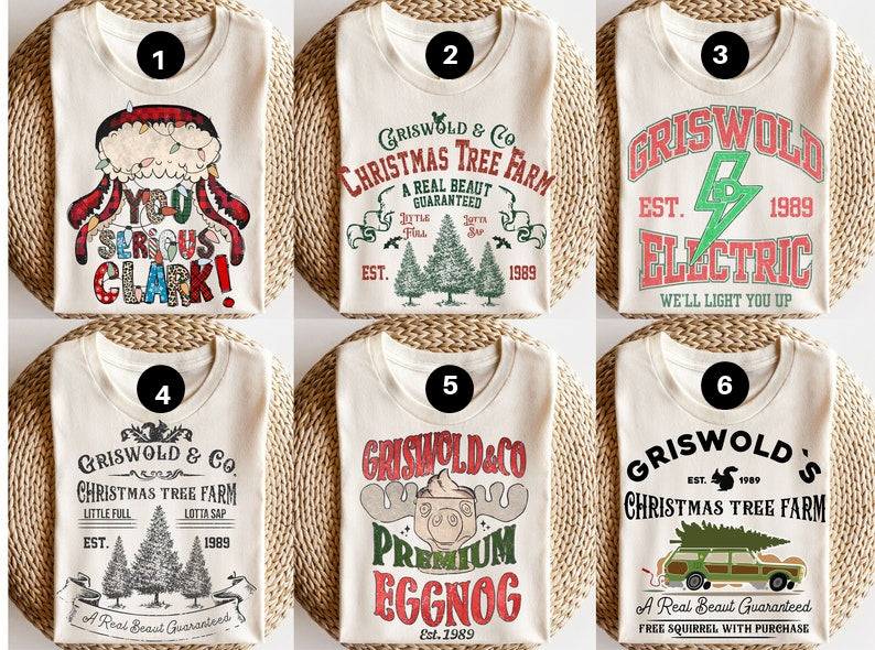 A collection of eight Christmas-themed DTF transfers for clothing, featuring various texts and graphics related to a Christmas vacation and tree farm.
