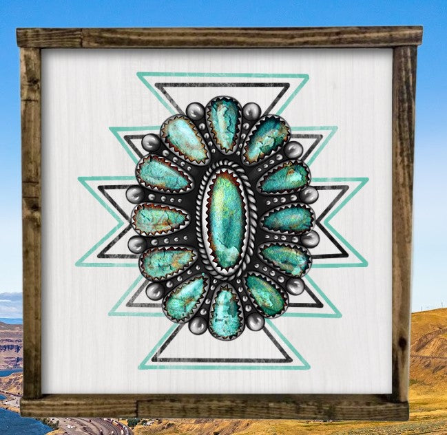Rustic Framed Wooden 7" & 13" Turquoise brooch