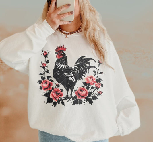 T-Shirt Or Sweatshirt Country Rooster  Roses - Flowers Rustic